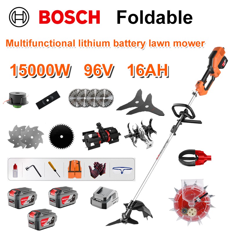 Mașină de tuns iarba fără perii 15000W + baterie cu litiu 96V/16AH * 3 + lamă de ferăstrău circular * 4 + lamă de ferăstrău drept + disc de plivire + funie de plivire * 20 + lamă triplă * 2 + lamă de ferăstrău oțel + lamă de aliaj * 2 + cap de ferăstrău + lamă de ferăstrău + Încărcător rapid dublu original + cap de cules fructe + cap de semănat + alte accesorii + garanție de zece ani