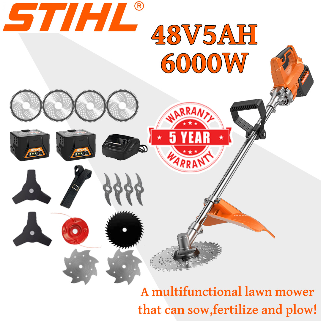 [Model îmbunătățit] Mașină de tuns iarba (6000w48V5AH) + Cultivator *1 + Lamă din aliaj *2 + Lamă de ferăstrău din aliaj *2 + Cap de tăiere din aliaj *1 + Cuțit triplu *1 + Cuțit antiblocare *1 + Încărcător + Baterie *1 + Curea *1 + Alte accesorii + 5 ani garanție