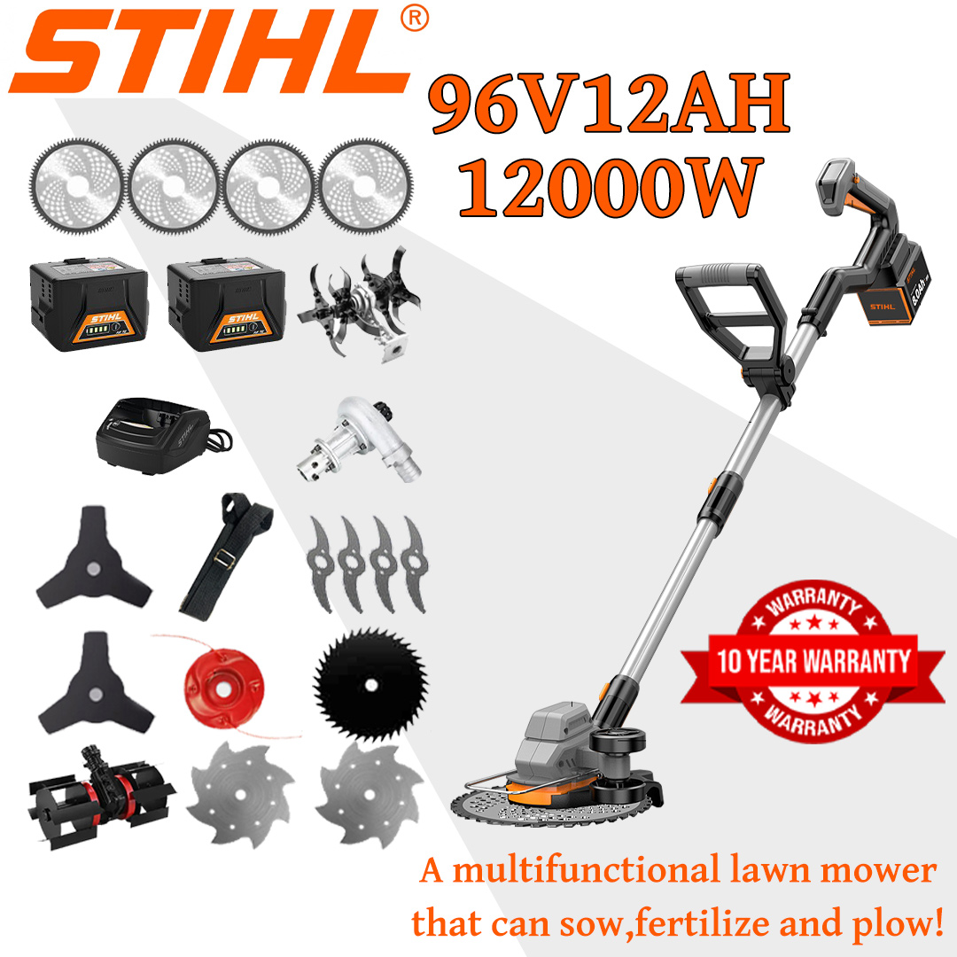 [Upgraded Deluxe Model/Highly Recommended] Lawn Mower (12000w96V12AH) + Electric Screen + Tilting Head *1 + Trench Wheel *1 + Alloy Blade *4 + Alloy Saw Blade *4 + Alloy Saw Head Cutter *1 + Blade with Three Knives *2 + Anti-interference Blade *1 + Steel Knife *2 + Snow Plow *1 + Charger + Battery *2 + Belt *1 + Other Accessories + 10 Years Warranty